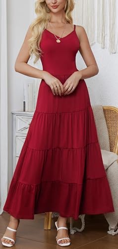 Image of Women's Summer Flowy Tiered Maxi Dress Elegant Spaghetti Strap with Ruffled Skirt Beach Vacations Parties
