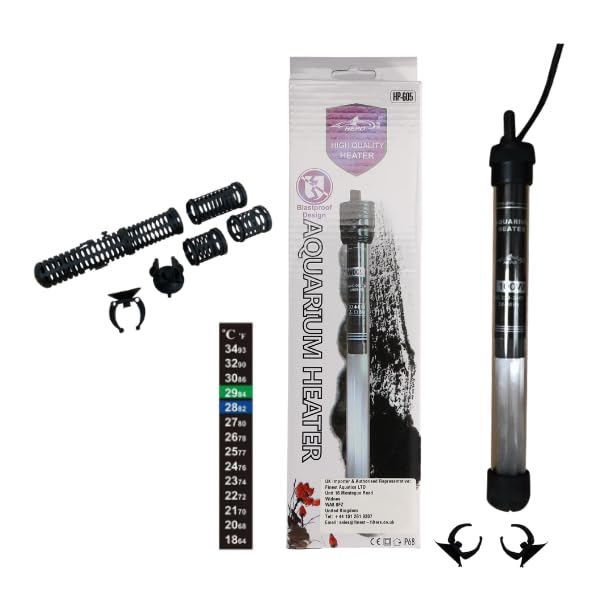 Hepo Glass Aquarium Heater [25-300w options] HP-605 Submersible Fish Tank Heater Bundle – Includes Protective Heater Guard & Digital Thermometer – Fully Adjustable Tropical/Saltwater Safety Kit (25w)