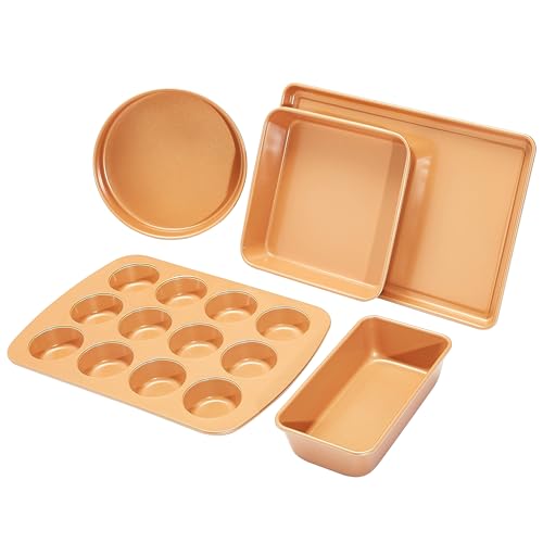 Amazon Basics Ceramic Nonstick Baking Sheets and Pans Bakeware Set 5 Piece Set Copper Color