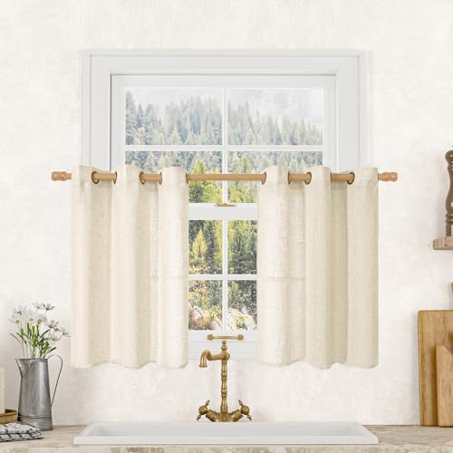 Image of LAMIT Short Linen Window Curtains 30 Inches Long 2 Panels, Beige Semi Sheer Light Filtering Panels Bronze Grommet Neutral Drapes for Basement /Small Windows, 34 x 30 Inch