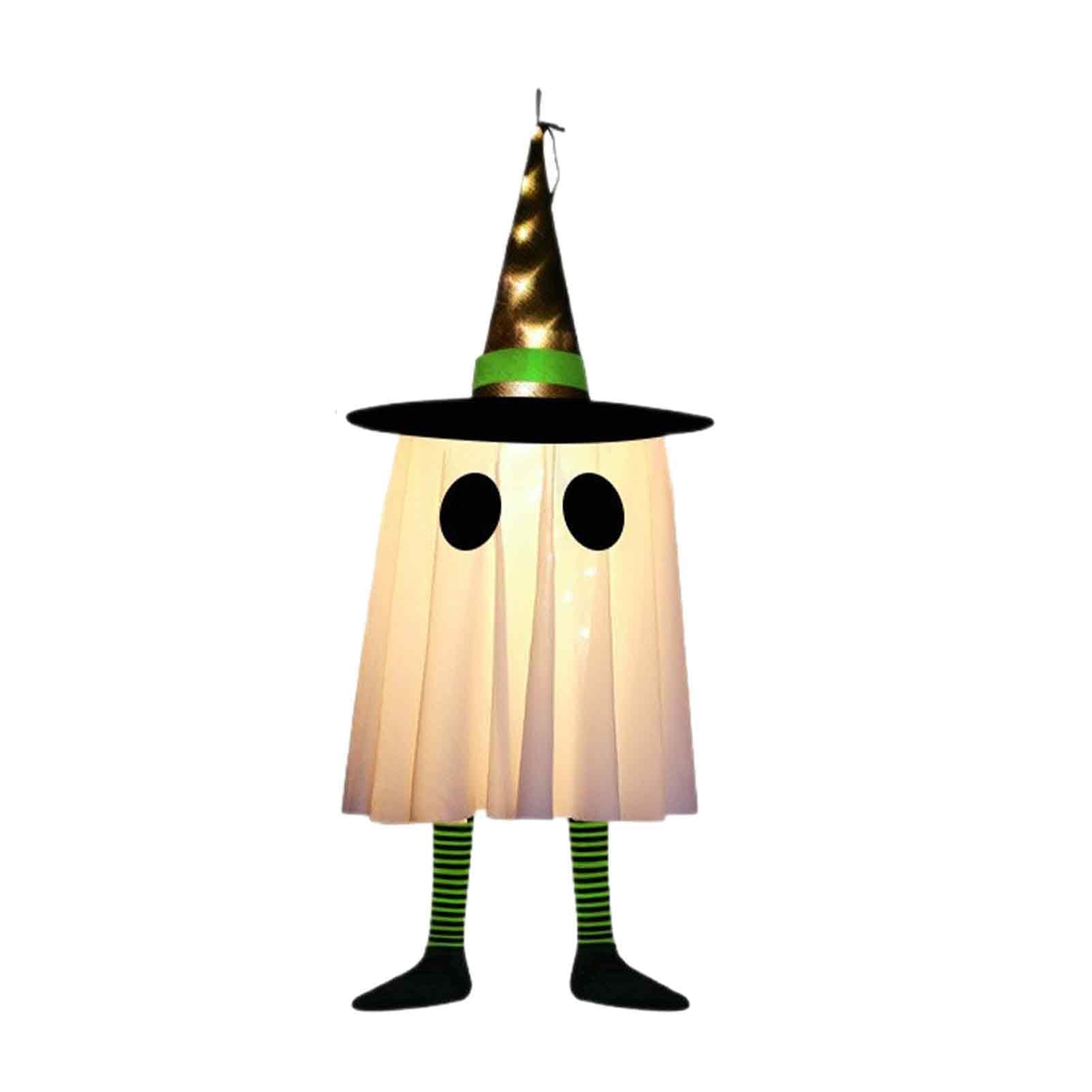Tuxoiou Halloween Hanging Ghost Decoration, LED Lighted Spooky Ghost with Witch Hat & Legs, Indoor Outdoor Porch Tree Decor Green