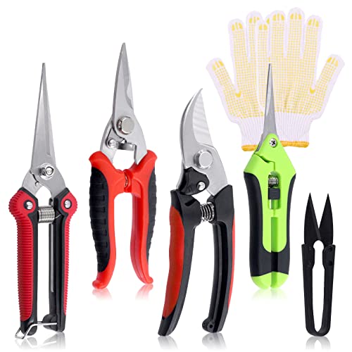 Glarks 6Pcs Garden Pruning Shears and Gloves Set, Professional Garden Bypass Pruning Shears Handheld Scissors Tree Trimmers Secateurs Hand Pruners Clippers with Stainless Steel Blades for Trimming