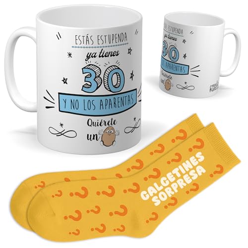 Set de Cumpleaños 30 Años Mujer | Taza “ESTÁS ESTUPENDA YA TIENES 30 Y NO LO APARENTAS” + Calcetines Sorpresa | Regalo Original y Divertido para Amigas, Hermanas | Idea para Fiesta, Aniversario