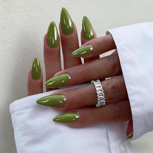 SXVME Chrome Press on Nails Almond, Pastel Green Fake Nails Medium with a Glazed Mirror Finish, Shimmer Chrome Nails Press ons, Stiletto Gel Glue on Nails for Women Decoration 24 Pcs