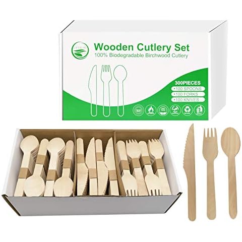 UPTRUST Disposable Wooden Cutlery Set – Eco Friendly, Biodegradable, Compostable Cutlery – 100 Wooden Forks, 100 Wooden Knives, 100 Wooden Spoons – 300PCS Disposable Utensils Set Cover