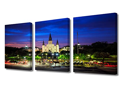 Tumovo 3 Piece Canvas Wall Art America New Orleans Cityscape Paintings Home Decor Saint Louis Cathedral And Jackson Square Night View Canvas Prints Artwork For Walls Ready To Hang, 42X20 Inch #TOP29