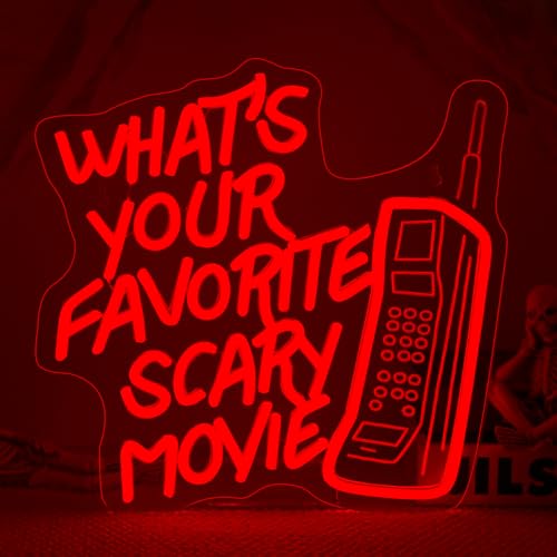 Image of What's Your Favorite Scary Movie Neon Sign Wall Light for Halloween Decor | 12.6in*12.6in,Adjustable brightness (5 levels),Powered by USB port,Applicable to Halloween,Bar,Club,Party,Night,Movie theater