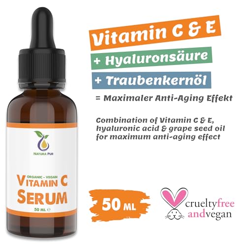 Vitamin C Serum BIO mit Hyaluronsäure 50ml, vegan - Anti-Aging Gel mit pflegendem Traubenkernöl und Aloe Vera gegen Falten für Gesicht & Dekollete
