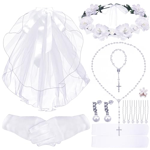 First Communion Dress for Girls Veil Wreath Necklace Bracelet Gloves Socks Earrings - 1st Holy Communion Catholic Accessories Set Wedding Party