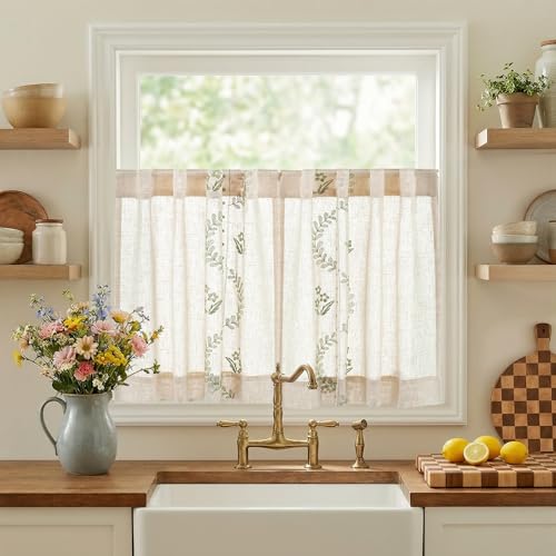 Image of jinchan Green Floral Linen Kitchen Tier Curtains 24 Inch, 2 Panels