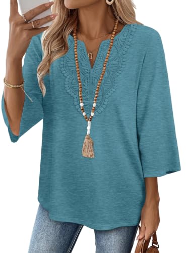Image of WIHOLL 3 /4 Length Sleeve Womens Tops Boho V Neck Lace Shirt Trendy Blouses Dressy Casual Vacation Clothes S-3XL