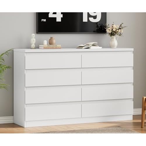 Modern White 8 Drawer Dresser for Bedroom, 15.3″ D x 55.2″ W x 32.3″ H Simply Chest of Drawers, Wood Storage Dresser with Deep Drawers for Living Room Hallway Entryway, White