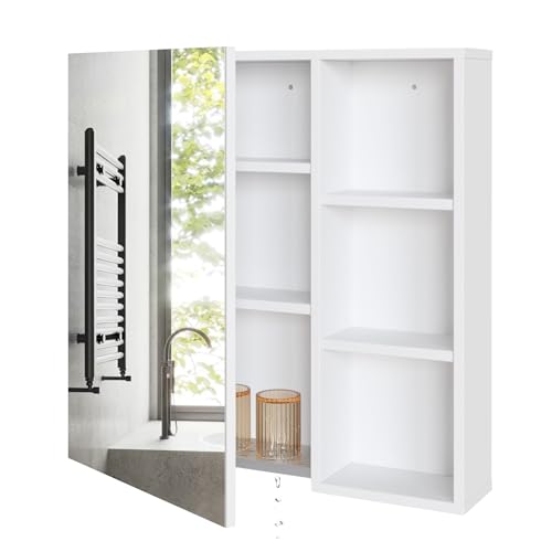 Mondeer Badezimmerschrank mit Spiegel, Spiegelschrank Bad der Wand montiert mit 1 Tür und 1 Tropfschale verstellbaren Ablagen Gestaltung der Belüftung, 65 x 15 x 65 cm, Weiß Mondeer Badezimmerschrank mit Spiegel, Spiegelschrank Bad der Wand montiert mit 1 Tür und 1 Tropfschale verstellbaren Ablagen Gestaltung der Belüftung, 65 x 15 x 65 cm, Weiß