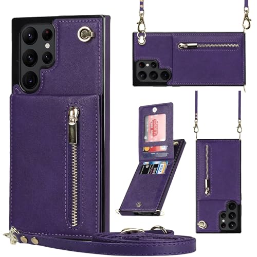 Étui en cuir Samsung S23 Ultra violet de qualité supérieure à rabat et fermeture éclair