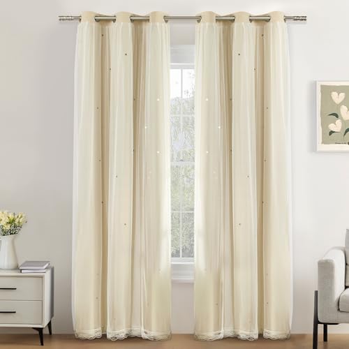 Image of XiDi Beige Blackout Curtains with Sheer Overlay Star Cut Out Design Warm Color Double Layer Curtains Thermal Noise Reduction Grommet Darpes for Girls Kids Bedroom Living Room 34 x 84 Inches, Set of 2