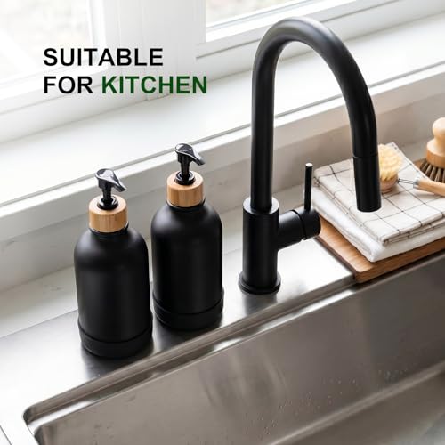 Image of KASUNTING Hand Soap Dispenser Bathroom with Anti-Slip Silicone Boot, Black Dish Soap Dispenser for Kitchen, 2 Pack 17 Fl Oz Plastic Hand and Dish Soap Dispensers Set with Bamboo Pump