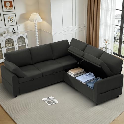 Image of 87 inch Fabric Sectional Sofa w /Pull Out Bed & Storage Space, Dark Grey