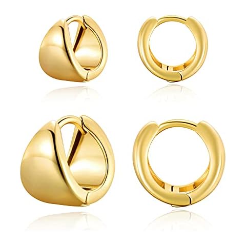 CLASSYZINT 14k Gold Plated Huggie Earrings Small Chunky Hoop Earrings Set Dainty Wide Cute Simple Earrings For Women Girls,2 Size… Cover