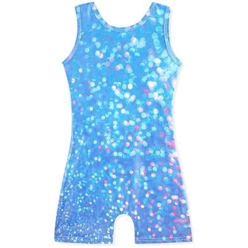 HOZIY Gymnastics Leotards for Girls with Shorts Toddlers Biketards Rainbow Unicorn Dinosaur Mermaid Leopard Flower Galaxy 5-6 Years Blue Dots