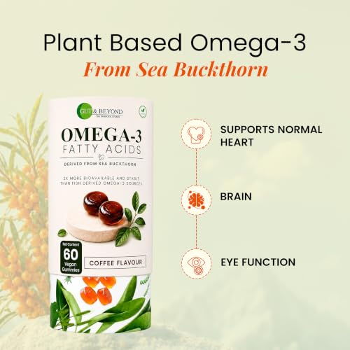 Image of Gut and Beyond Vegan Omega-3 Gummies 60 Count | ALA and DHA from Sea Buckthorn | Fish Oil Alternative | Heart, Brain, Skin and Joint Support | Coffee Flavour