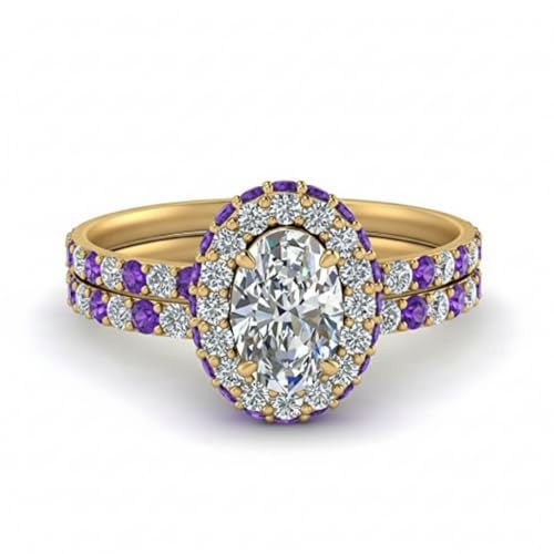 Image of Choose Your Gemstone Oval Halo Rollover Diamond CZ Wedding Ring Yellow Gold Plated Oval Shape Wedding Ring Sets Matching Jewelry Wedding Jewelry Easy to Wear Gifts US Size 4 to 12