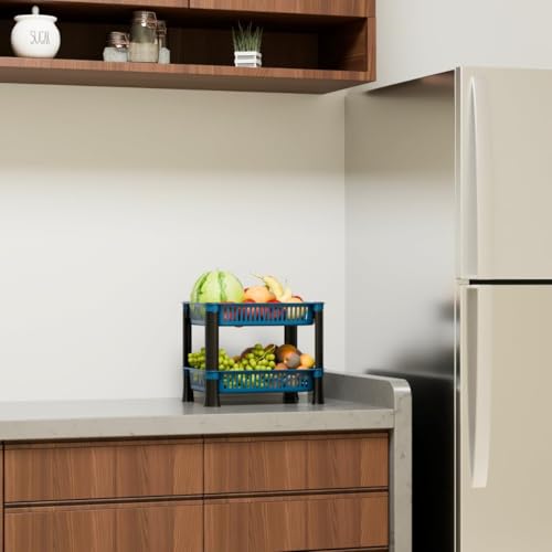 Image of Multipurpose Plastic Storage Rack for Kitchen | Foldable Vegetable & Fruit Organizer Stand for Onion, Potato, Sabji | Countertop Multi-Layer Basket Rack for Home, (Blue, 2 layer)