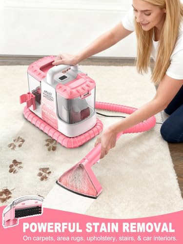 Image of Portable Carpet & Upholstery Cleaner Machine for Pet Stains, Powerful Suction Spot Cleaner for Couch, Sofa, Car Interior & Rugs, Lightweight Compact Deep Cleaning Machine with Solution, Pink