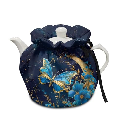 Image of Xoenoiee Blue Butterfly Floral Moon Print Tea Pot Cover Tea Cozy Insulation Teapot Cosy Tea Pot Warmer Cover for Home Kitchen Table Teapot Kettle Cover Keep Warm