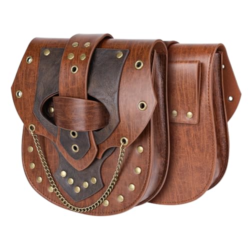 Image of HiiFeuer Steampunk Studded Waist Pack Bag with Belt, Vintage Punk Belt Pouch Portable Fanny Purses for Ren Faire Cosplay (Brown A)
