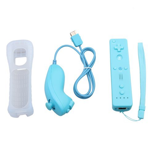 fitTek Game Remote + Nunchuk Nunchuck Controller + Silicone Skin for Nintendo Wii Blue