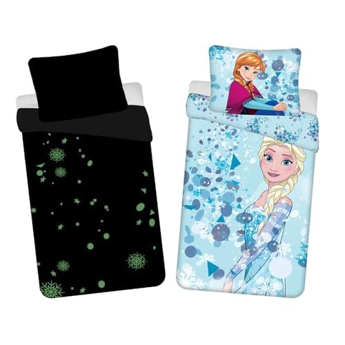 Jerry Fabrics Disney Frozen Azul Claro con Efecto Brillante Juego de Cama para Niños, Funda Nórdica 140 x 200 cm y Funda de Almohada 70 x 90 cm