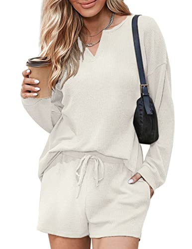 Ekouaer Two Piece Outfits For Women Waffle Knit Pajama Set Casual Sweatshirt Set Long Sleeve Sleepwear(White,Small) #TOP26