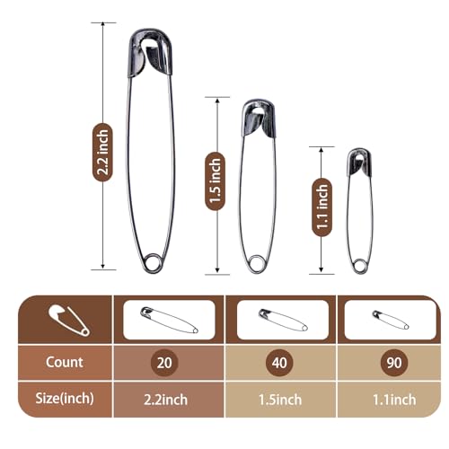 Image of XKDOUS 150 Pack Safety Pins for Clothes 3 Universal Assorted Sizes, Black