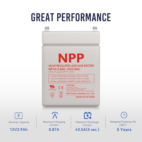 NPP 12V 2.9Ah Rechargeable AGM SLA Battery with F1 Terminals, 12Volt Deer Feeder Battery Replacement for UPS, Emergency Light, Alarm Security System etc (2Pcs)