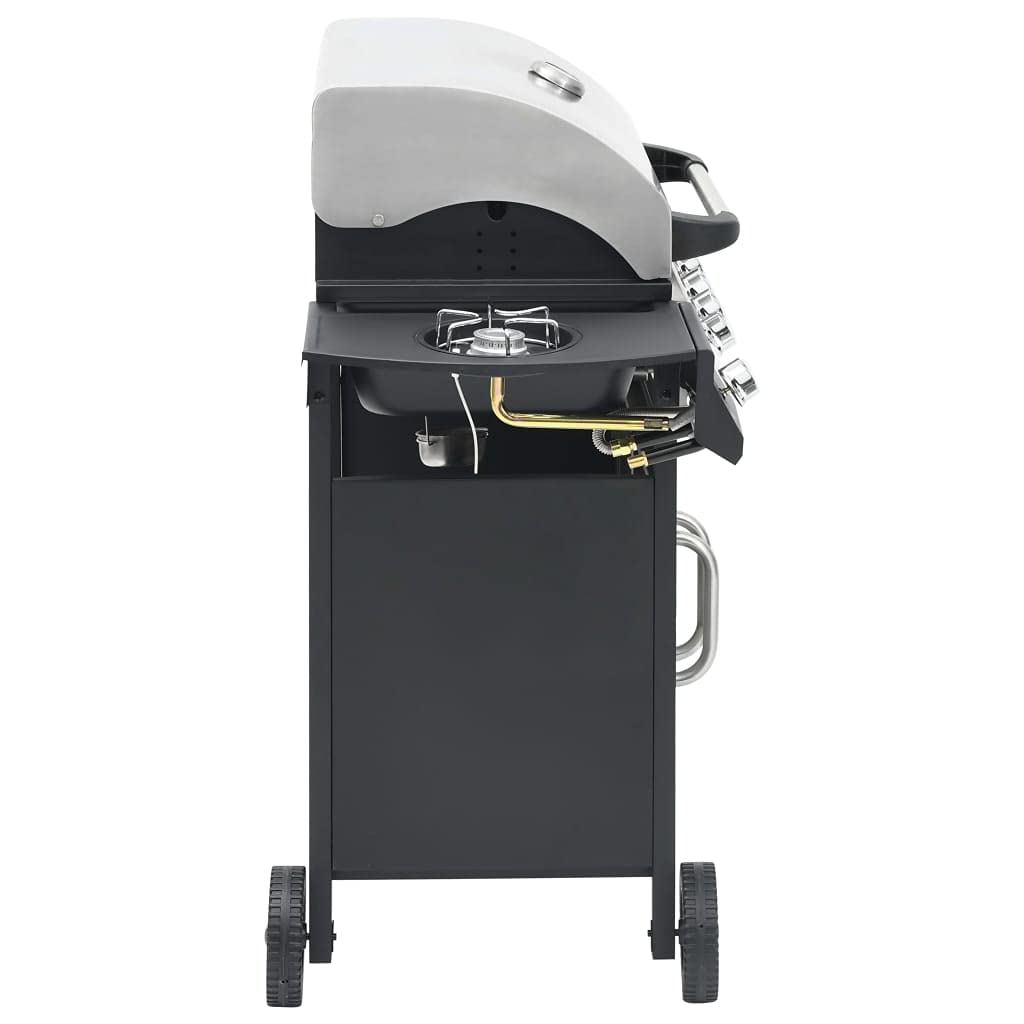 Barbecue a gas 4+1 con fornello laterale e cappa, in acciaio inox, per giardino e terrazza, 13,9 kW, con termometro, nero/argento