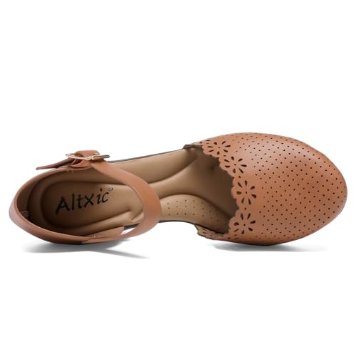 Altxic Women's Closed Round Toe Hollow Out Vamp Ankle Strap Buckle Low Block Chunky Heels Sandals3