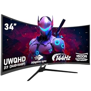 Gawfolk Monitor Ultrawide Da 34 Pollici 1500R Curvo 144Hz Monitor Per Computer Da Gioco, 21:9 UWQHD (3440×1440),Adaptive Sync,HDR,Angolo di visione 178°,HDMI、Display Port,VESA75×75MM – Nero