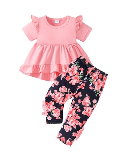 Image of Weebaby Baby Girl Clothes Infant Toddler Girl Clothing Ruffle Shirt High Low Top Floral Allover Pant Little Girls Clothes