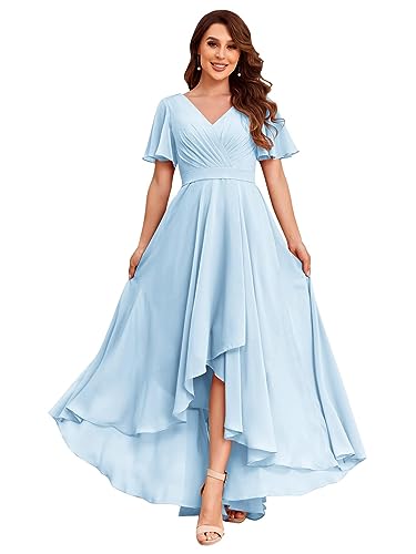 Women's High Low Bridesmaid Dresses for Women Chiffon Pleated V Neck Short Sleeves Formal Gown with Slit