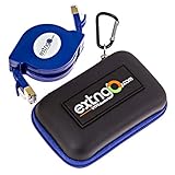 EXTNGO CAT7 4Ft Retractable Ethernet Cable, 10 Gbps Speed, FTP Foil Screened Twisted Pair. Pocket Size, Protection Pouch, Distinctive Blue Flat Cable and Body Color, Daily use for Swift Network Setup