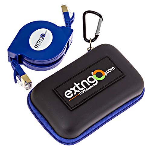 EXTNGO CAT7 4Ft Retractable Ethernet Cable, 10 Gbps Speed, FTP Foil Screened Twisted Pair. Pocket Size, Protection Pouch, Distinctive Blue Flat Cable and Body Color, Daily use for Swift Network Setup