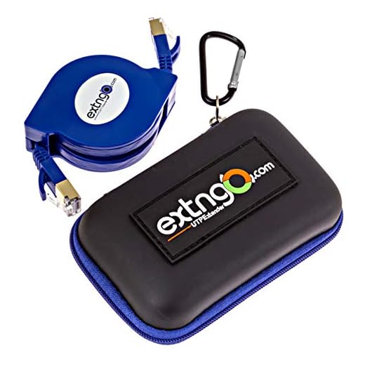 EXTNGO CAT7 4Ft Retractable Ethernet Cable, 10 Gbps Speed, FTP Foil Screened Twisted Pair. Pocket Size, Protection Pouch, Distinctive Blue Flat Cable and Body Color, Daily use for Swift Network Setup