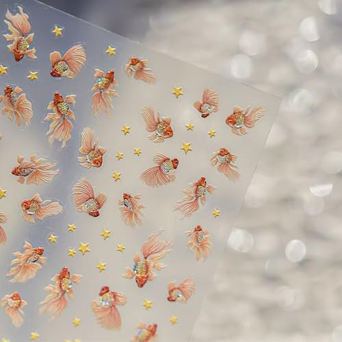 Image of Goldfish Nail Art Stickers 5D Embossed Nail Decals Chinese Style Design Star Koi Fish Nail Stickers Manicure Supplies Charm for Women Girls DIY Decorations Accessories