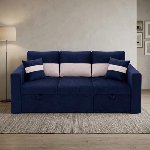 Image of FURNY Soria 4 Seater RHS Lounger Sofa Cum Bed (Dark Blue - Cream) with Pull-Out Function | Luxury Velvet Suede Finish | Durable Comfort | Ideal for Living Room