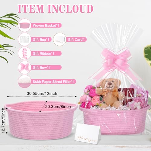 Image of Colingmill Woven Basket with Gift Bags and 2 Ribbons, Raffia Grass Paper Shred Filler, Gift Card, Empty Small Rope Basket for Storage Presents Toy Organizer(Pink,12 * 8 Inch)