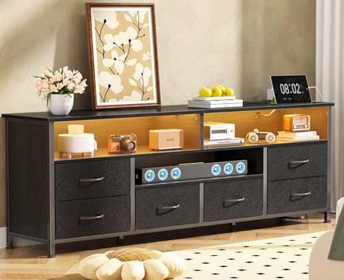 Image of Furologee TV Stand for 65 70 Inch TVs, 63 Inch Entertainment Center with Power Outlets and LED Lights, Media Console with 6 Fabric Drawers, PU Leather Surface for Living Room, Bedroom