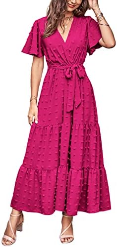 MASCOMODA Womens Summer Swiss Dot Maxi Dresses Wrap V Neck Flutte...