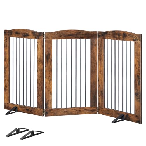 HOOBRO Indoor Dog Gate with Support Feet, Freestanding Pet Gate for Doorway, Stairs, 31.5 Inch 3 Panels, Folding Dog Fence, 360° Hinge for Easy Access, Sturdy Iron Pipe, Rustic Brown BF06PP03