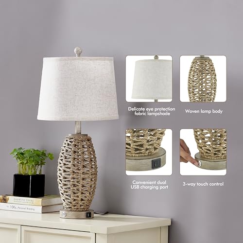 Generic HT23T0816 27 Inch Natural Rattan Table Lamps Set Of 2,Touch Switch,3-Way Dimmable Bedside Lamps thumb #5