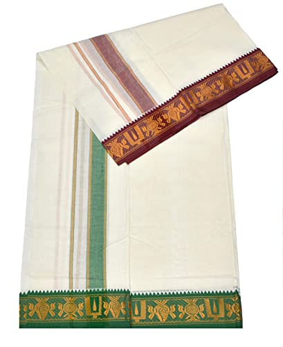 Image of TUNI MANI Men's Panchakacham Dhoti with Angavasthram Towel, Jari Border, 100% Cotton, Size: 9 X 5 (4.0mtr Dhoti, 2.25mtr Towel) (Unstitched)